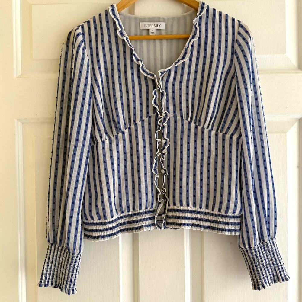 Intermix Striped Button Up Ruffled Long Sleeve Top Smocked Cuffs Cottagecore 4‎